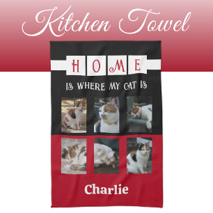 6 photo collage animal lover black red tea towel