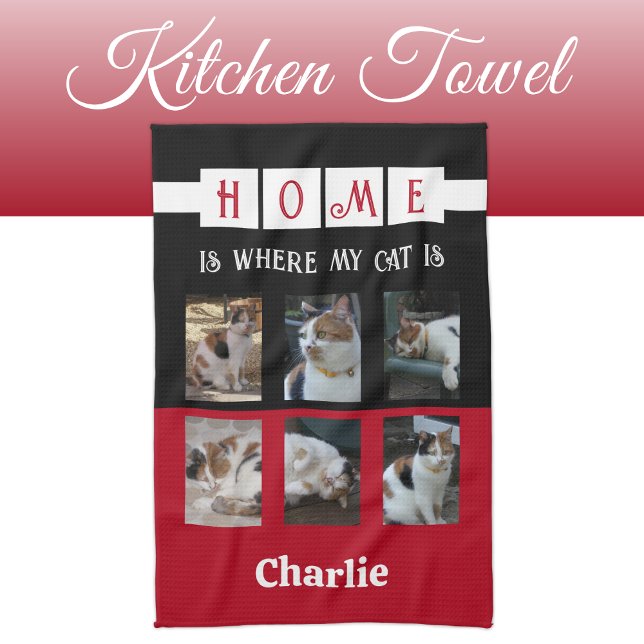 6 photo collage animal lover black red tea towel (Creator Uploaded)