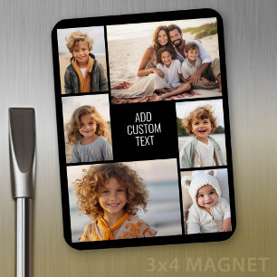 6 photo collage - black background - white text magnet