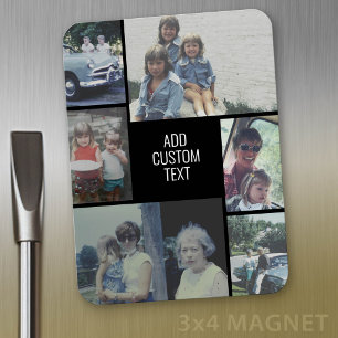 6 photo collage - black background - white text magnet