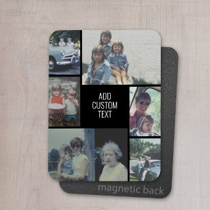 6 photo collage - black background - white text magnet