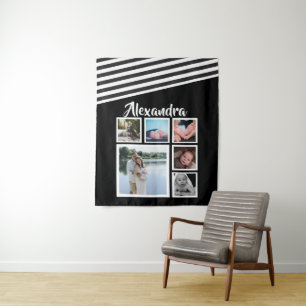 6 Photo Collage Black Striped Pattern Personalised Tapestry