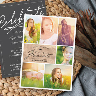 6 Photo Collage Bronze Foil Chic Graduation Party Invitation