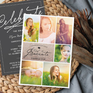 6 Photo Collage Bronze Glitter Graduation Party Invitation