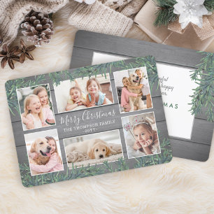6 Photo Collage Christmas Greenery & Grey Wood Holiday Card