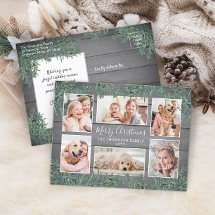6 Photo Collage Christmas Greenery & Grey Wood Holiday Postcard