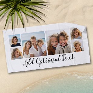 6 Photo Collage Custom Script Text Black White Beach Towel