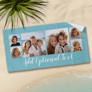 6 Photo Collage Custom Script Text Light Blue Beach Towel