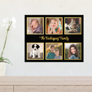 6 Photo Collage Custom Text Black Gold Foil Prints