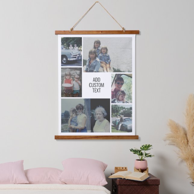 6 Photo Collage - Family Text In Centre - White Hanging Tapestry (Bedroom)