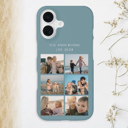 6 Photo Collage Family Vacation Personalised Aqua iPhone 16 Case
