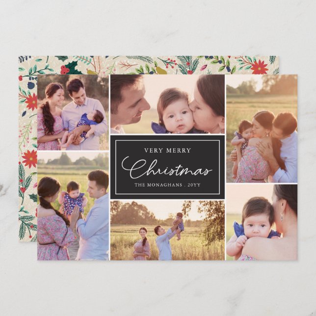 6 Photo Collage | Floral Pattern Christmas Black Holiday Card (Front/Back)