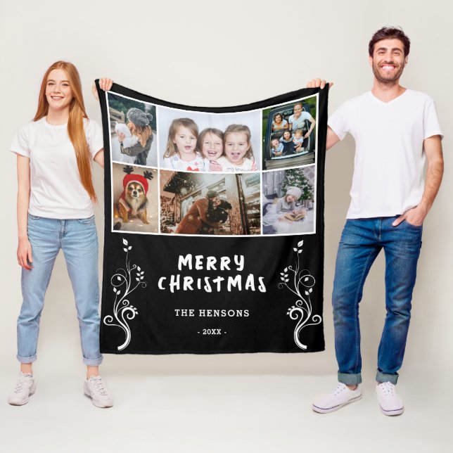 6 Photo Collage Foliage Black Christmas Family Fleece Blanket (In Situ)