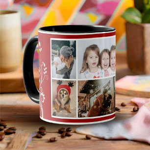 6 Photo Collage Foliage Red Christmas Family Mug