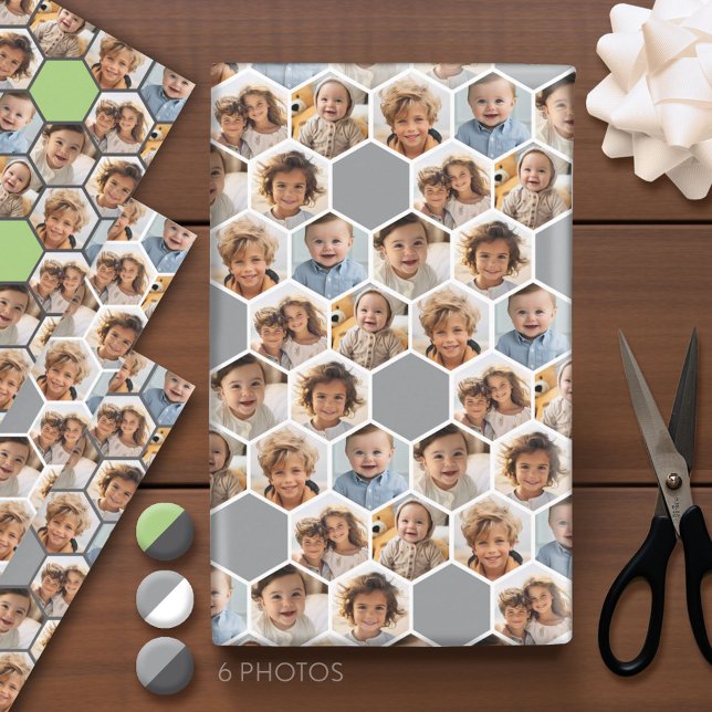 6 Photo Collage - funky hexagon honeycomb pattern Wrapping Paper Sheet (Custom Photo Wrapping Paper - Add a Photo Collage)