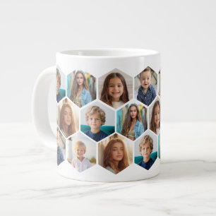 6 Photo Collage - funky honeycomb pattern - white Large Coffee Mug