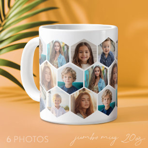 6 Photo Collage - funky honeycomb pattern - white Large Coffee Mug