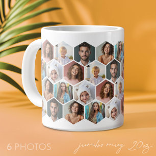 6 Photo Collage - funky honeycomb pattern - white Large Coffee Mug