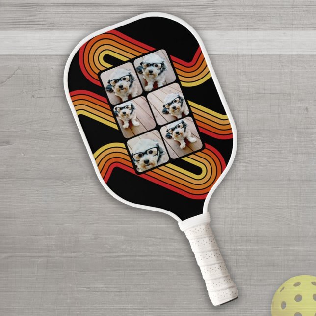 6 Photo Collage Funky Line Art Black Sunset Colour Pickleball Paddle (Creator Uploaded)