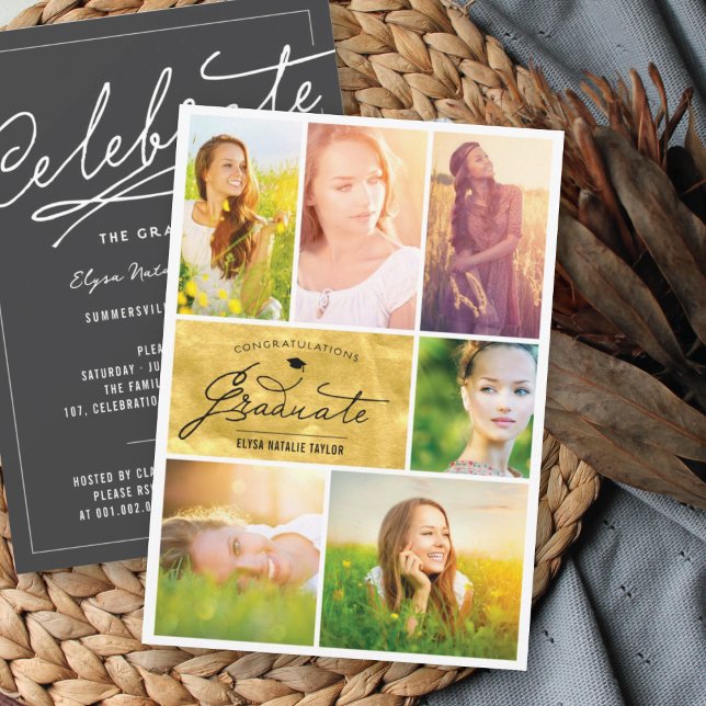 6 Photo Collage Gold Foil Trendy Graduation Party Invitation (Creator Uploaded)
