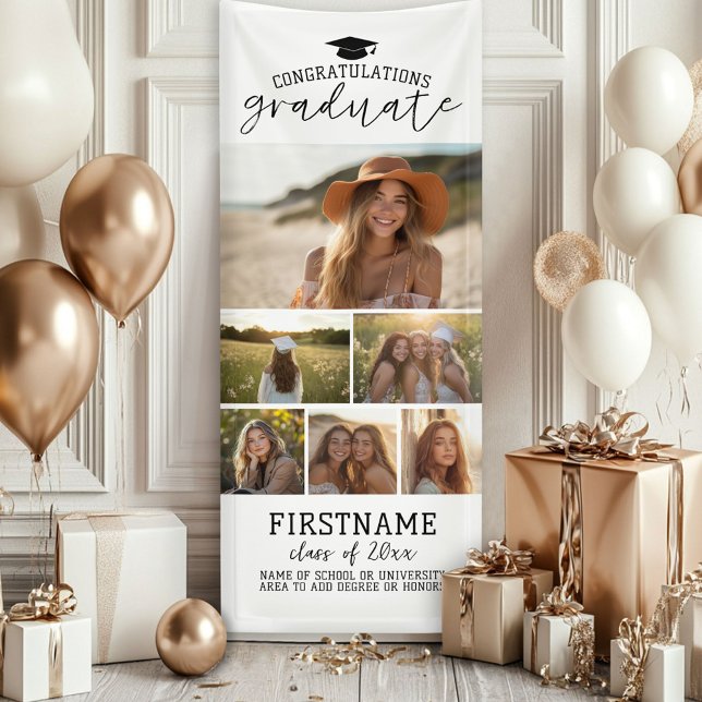 6 Photo Collage Graduation Modern Minimal White Banner (Custom Graduation Photo Banner - Great backdrop and Graduation Party Decoration)