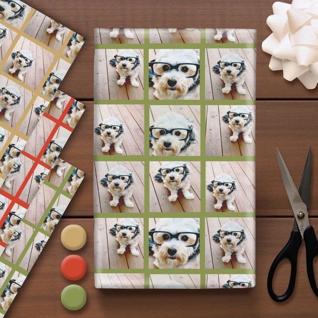 6 photo collage grid - red green gold wrapping paper sheet (Custom Photo Wrapping Paper)