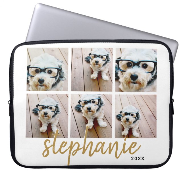 6 Photo Collage - handwritten font add your name Laptop Sleeve (Front)