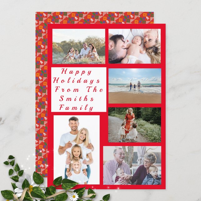 6 Photo Collage- happy holiday red Botanical card (Creator Uploaded)