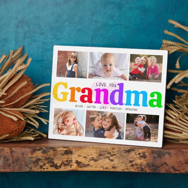 6 Photo Collage Love You Grandma Bold Colourful Plaque (Side)