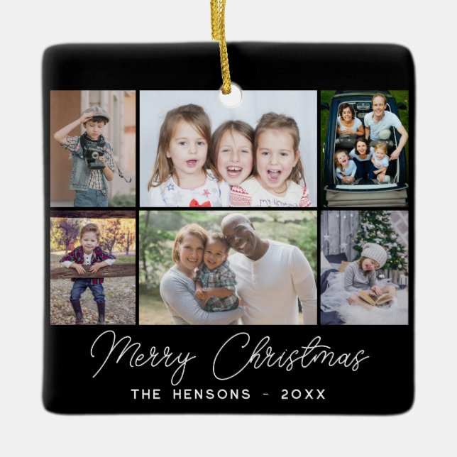 6 Photo Collage Merry Christmas Family Ceramic Ornament (Front)