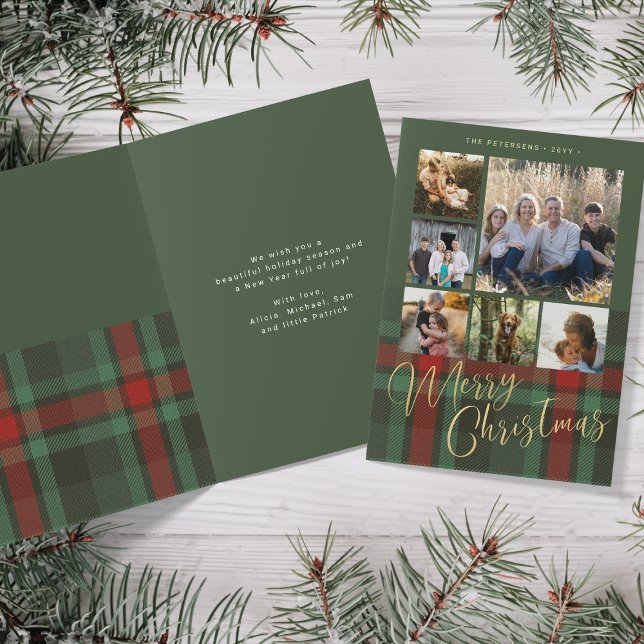 6 photo collage Merry Christmas gold script plaid Holiday Card (Creator Uploaded)