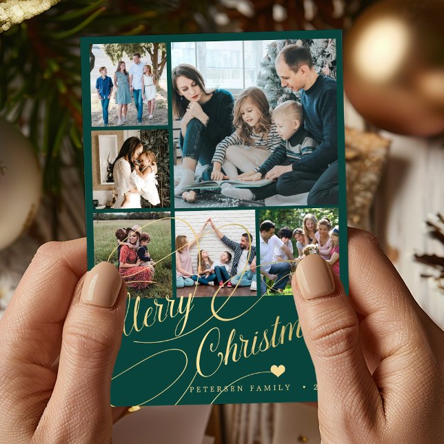 6 photo collage Merry Christmas script family Holiday Card (Creator Uploaded)