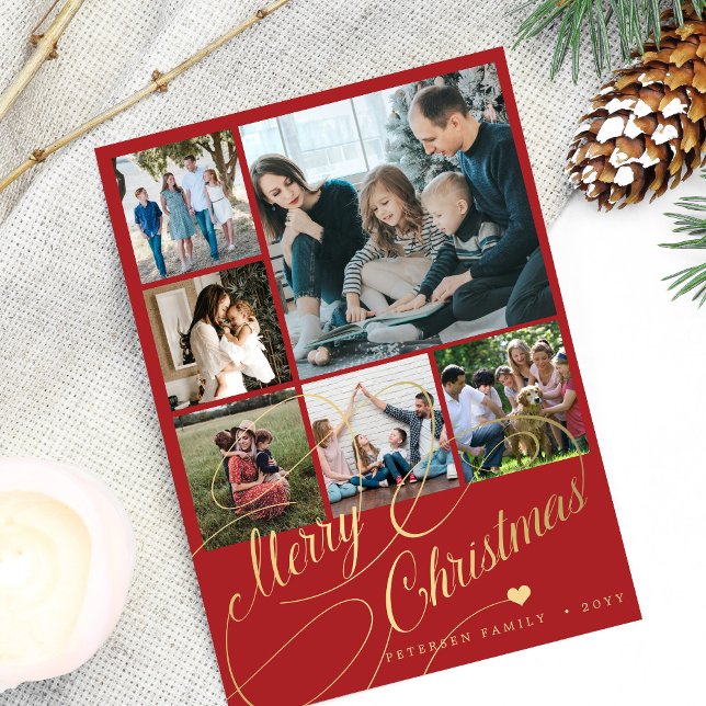 6 photo collage Merry Christmas script family Holiday Card (Creator Uploaded)