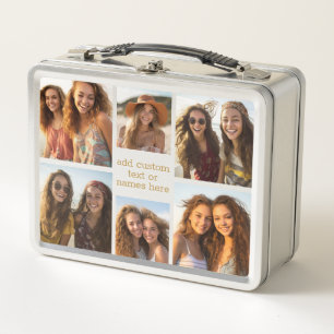 6 Photo Collage Minimalist - Gold and White Grid Metal Lunch Box