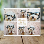 6 Photo Collage Minimalist - Gold and White Grid Postcard<br><div class="desc">Use your favourite photo or pictures to make a fun keepsake to share with friends. A collage of 6 photos in a fun grid with different sizes. A simple design with snapshots and a text block. Crop photos into squares before uploading. To adjust photos or change colours, click on the...</div>