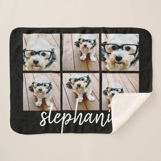 6 Photo Collage Minimalist Handwritten Name black Sherpa Blanket (Front (Horizontal))