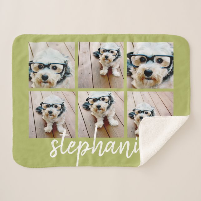 6 Photo Collage Minimalist Handwritten Name green Sherpa Blanket (Front (Horizontal))