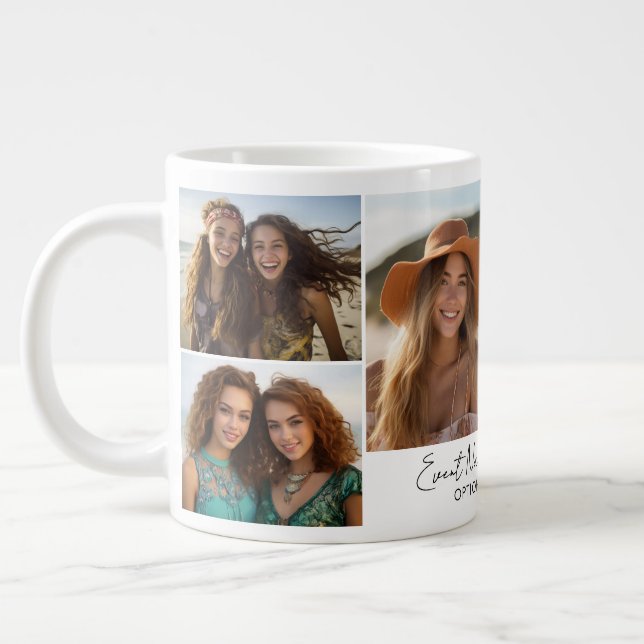 6 Photo Collage - Modern Minimal Grid with Script Large Coffee Mug (Left)