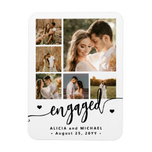 6 photo collage modern script engaged couple magnet