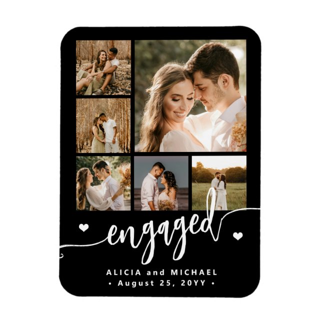 6 photo collage modern script engaged couple white magnet (Vertical)