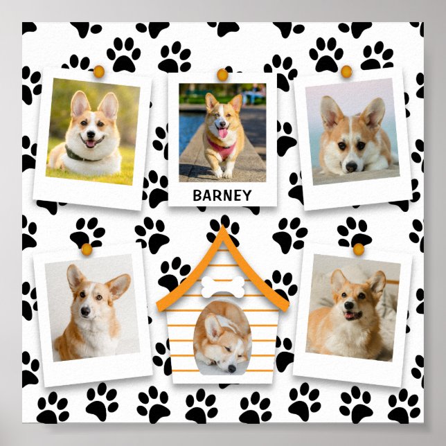 6 Photo Collage Name Dog House Paw Prints Poster (Front)