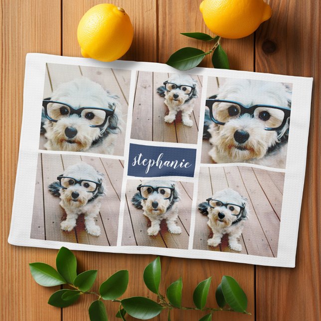 6 Photo Collage Name Minimalist - Can Edit colour Tea Towel (Personalized kitchen towel with photo collage)