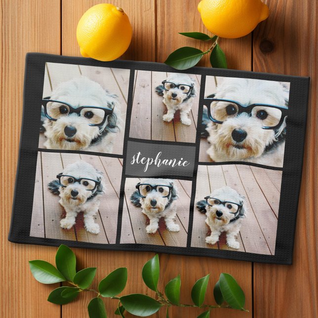 6 Photo Collage Name Minimalist - Can Edit colour Tea Towel (Custom Kitchen Towel with Photo Collage)
