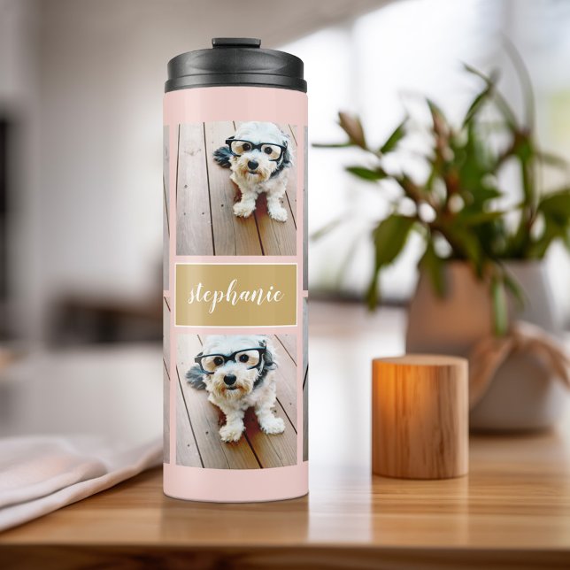6 Photo Collage Name Minimalist - Can Edit colour Thermal Tumbler (Personalized Thermal Tumbler - Add Photos, Text - Customize Completely in the Advanced Design Area)