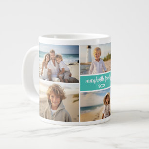 6 Photo Collage Name Minimalist - Script Text Large Coffee Mug
