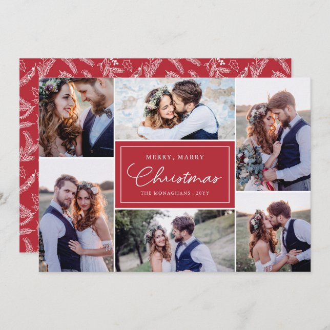 6 Photo Collage Newlyweds Merry Marry Red Holiday Card (Front/Back)