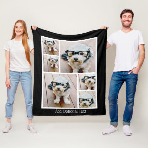 6 Photo Collage Optional Text -- black background Fleece Blanket