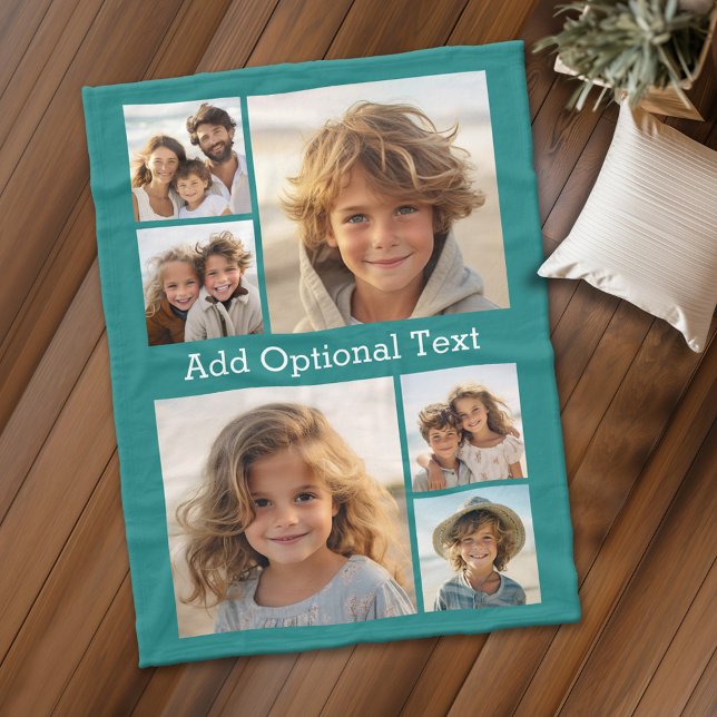 6 Photo Collage Optional Text -- CAN Edit Colour Fleece Blanket (Personalized fleece blanket with 6 photos and custom text)