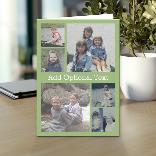 6 Photo Collage Optional Text -- CAN Edit green Card (Custom Personalized Greeting Card)