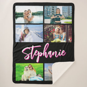 6 Photo Collage Personalised Hot Pink Black Sherpa Blanket